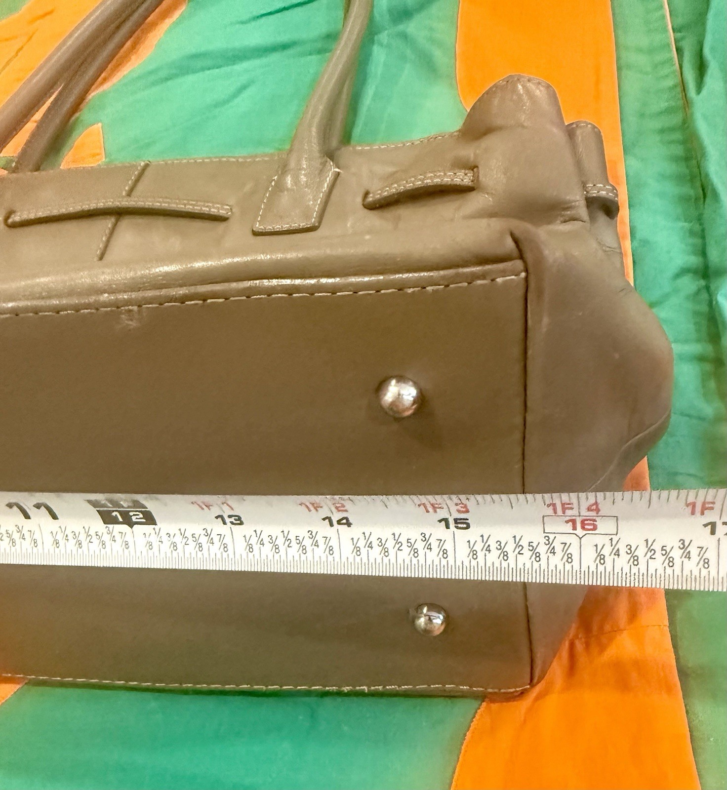 agnes b VOYAGE Khaki LEATHER Structured TOTE Silver O-Ring Detail Made/JAPAN EUC
