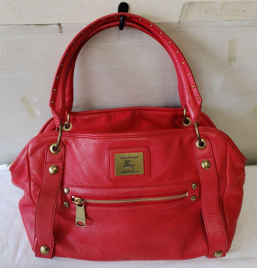 Burberry Blue Label Red Leather Mini Boston Bag Gold Logo Plate 22x34cm