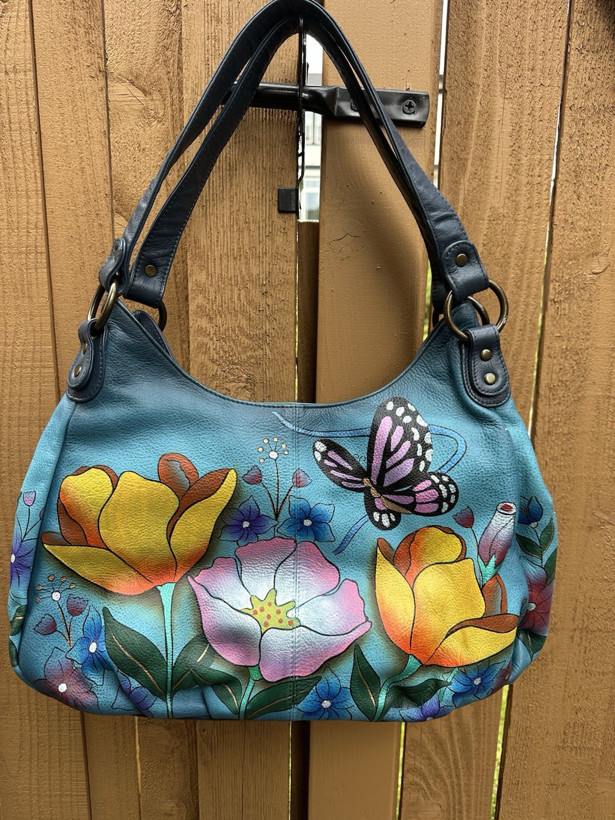 Anuschka Large Hobo Shoulder Bag – Handpainted Butterfly and Flowers