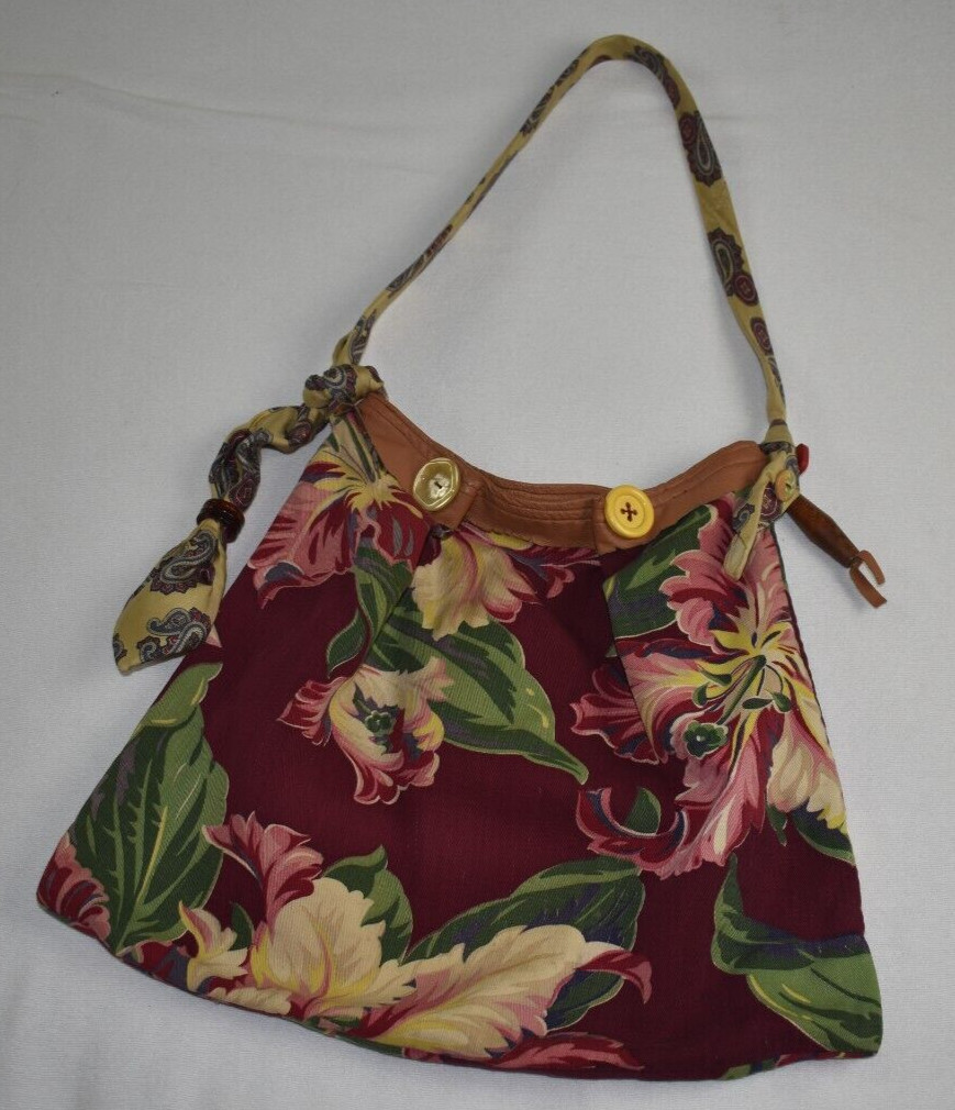 LEEROYS SHORTS FLORAL HOBO SHOULDER BAG PURSE BOHO FUNKY HIPPY BEADS BUTTONS