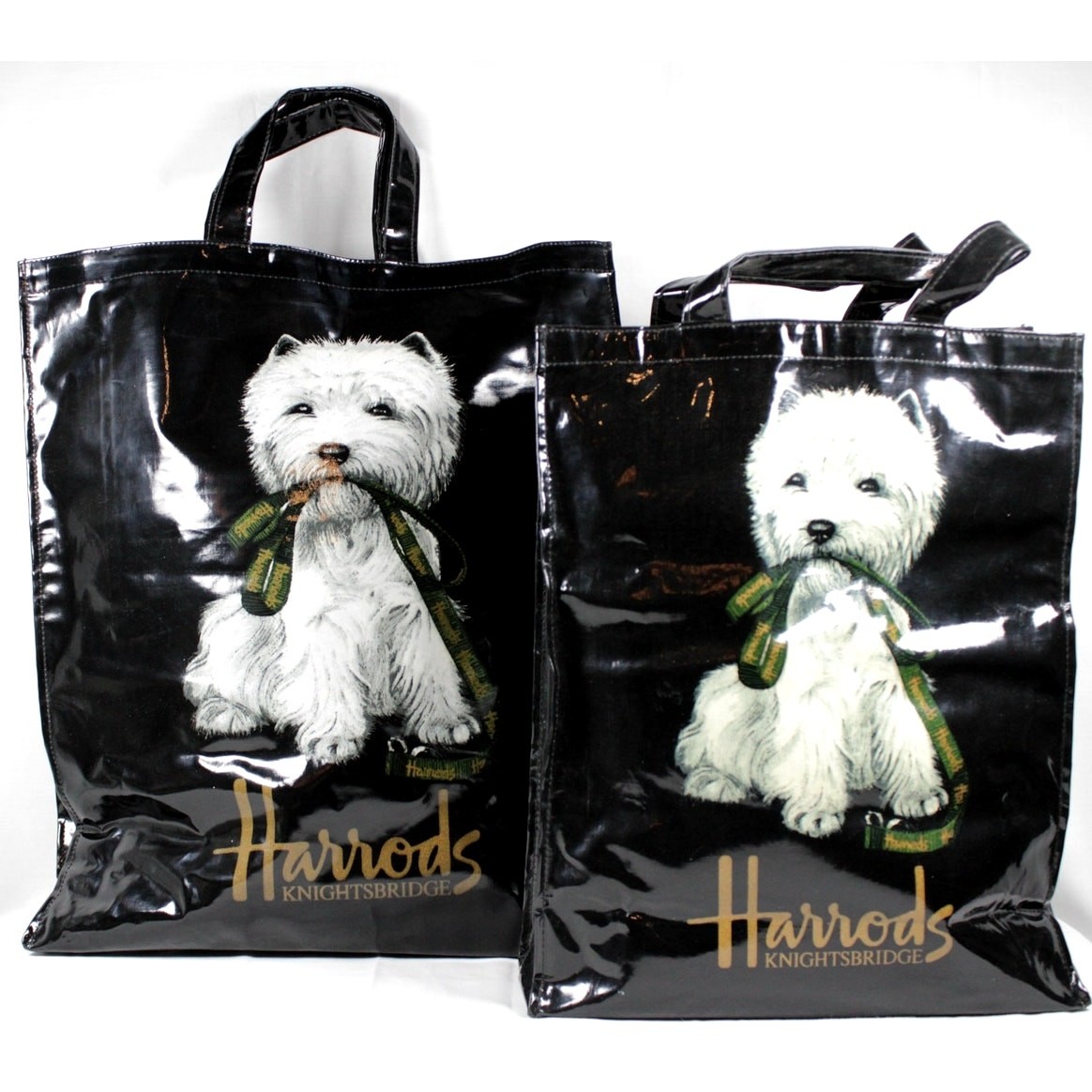 Harrods Westie Puppy Tote Bag Set of 2 – Large & Medium Black Glossy Shoppers