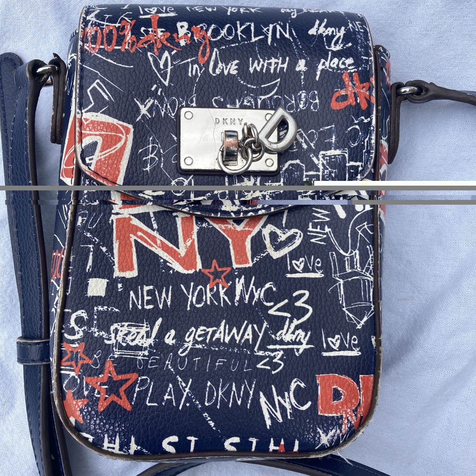 DKNY Graffiti Print Leather Crossbody Bag Blue/Orange Very Well Worn