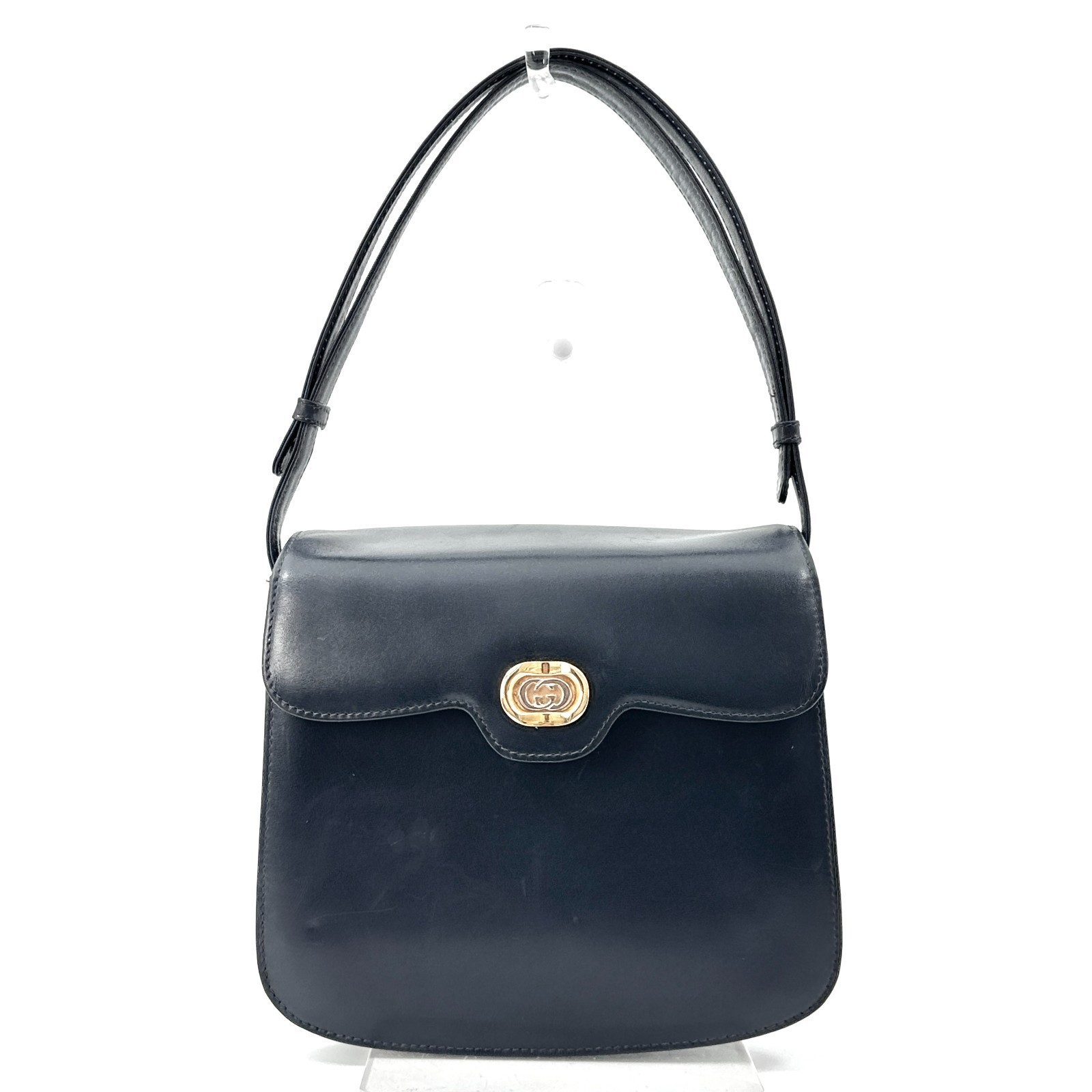 Vintage Gucci Interlocking Leather shoulder bag Navy Gold Auth