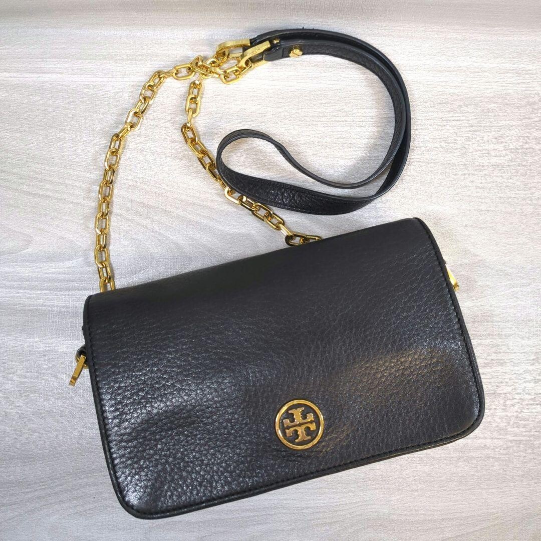 Tory Burch Black Leather Shoulder Bag Gold Hardware Logo 8.3in x 5.1in x 2.4in