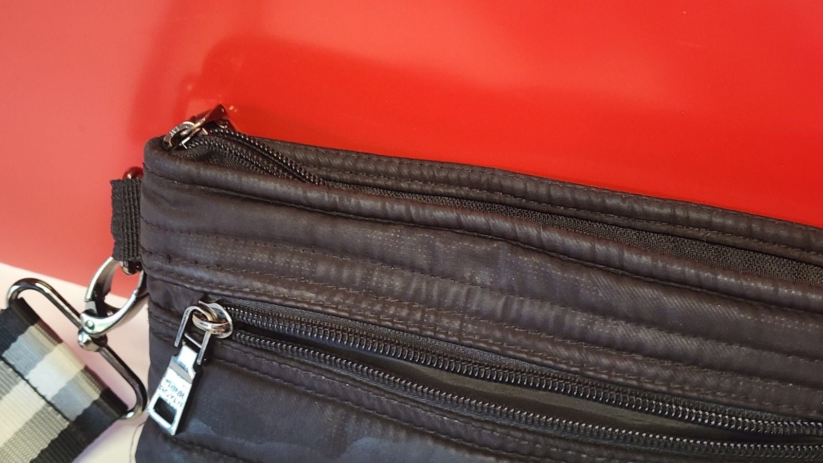 Think Royln Black Camo Puffer Crossbody Bag with Tricolor Strap