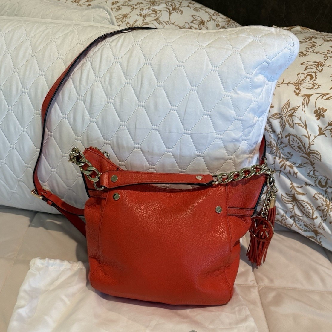 Michael Kors Tangerine Orange Pebbled Leather Shoulder Crossbody Bag Wallet Set