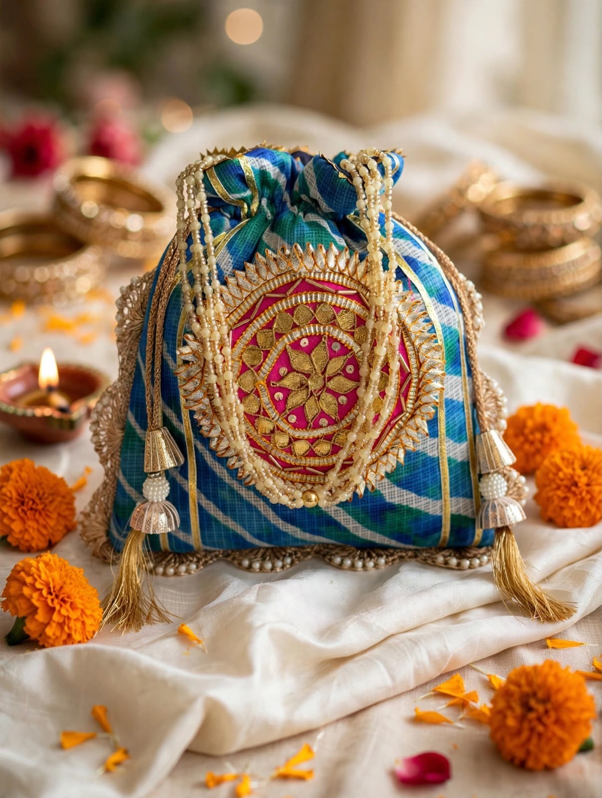 Indian Leheriya Gotta Handwork Flower with Pearl Lace and Handle Party Potli Bag