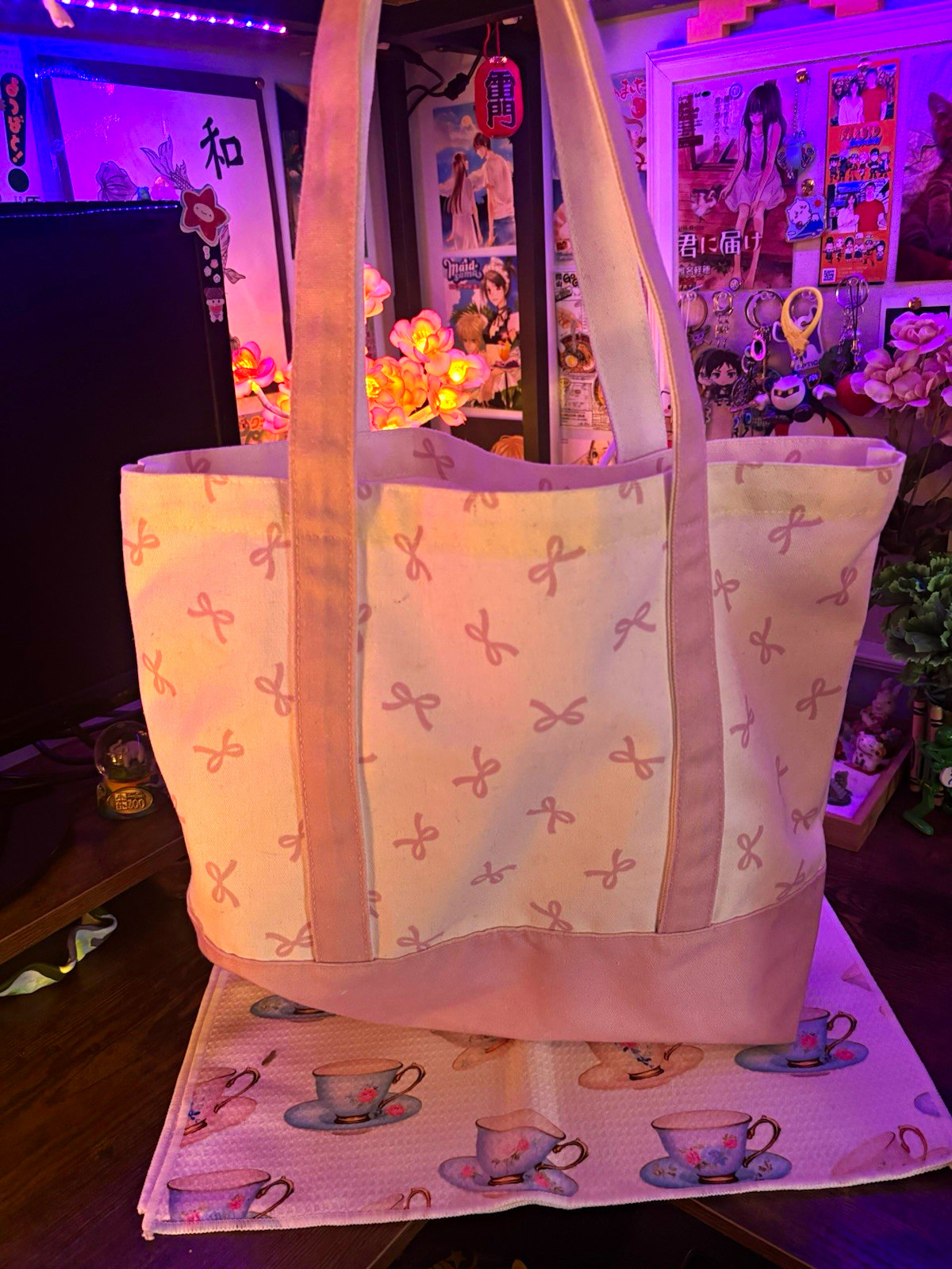 Women’s Pink & White Coquette Tote Bag with Bow, Double Handles, Casual Style