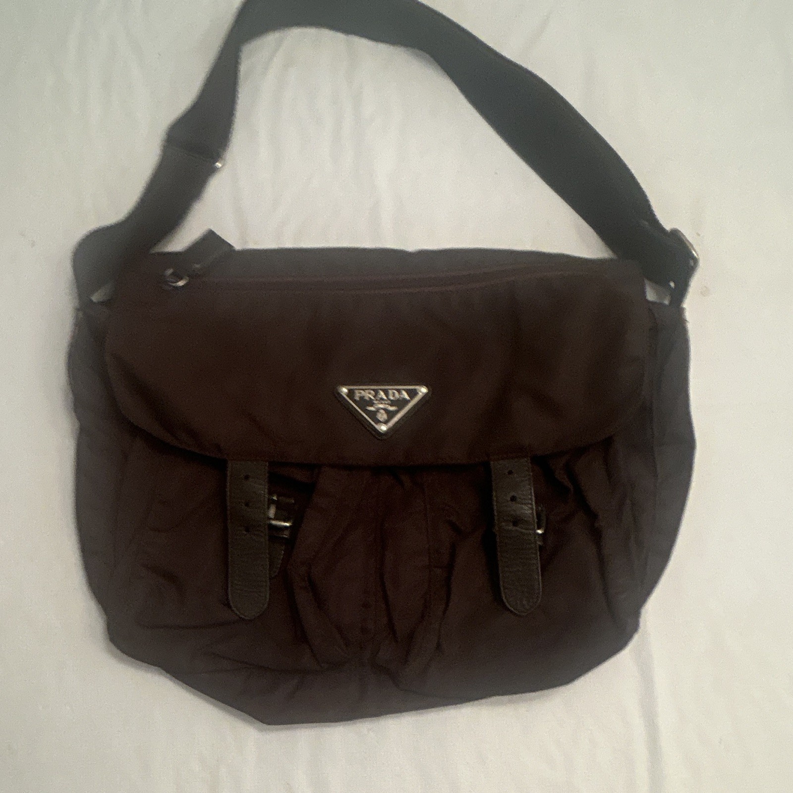 PRADA Brown Shoulder Bag Zip Top Buckle Logo Silver Hardware Lined Inner Pockets