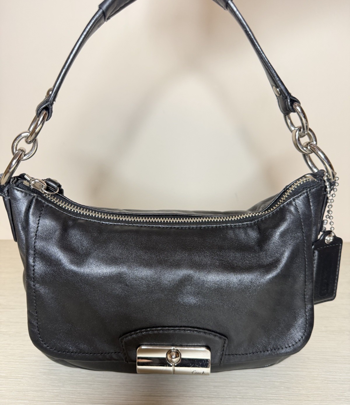 Coach Kristin Leather Hobo Shoulder Bag Handbag Black Pink Lining F22306