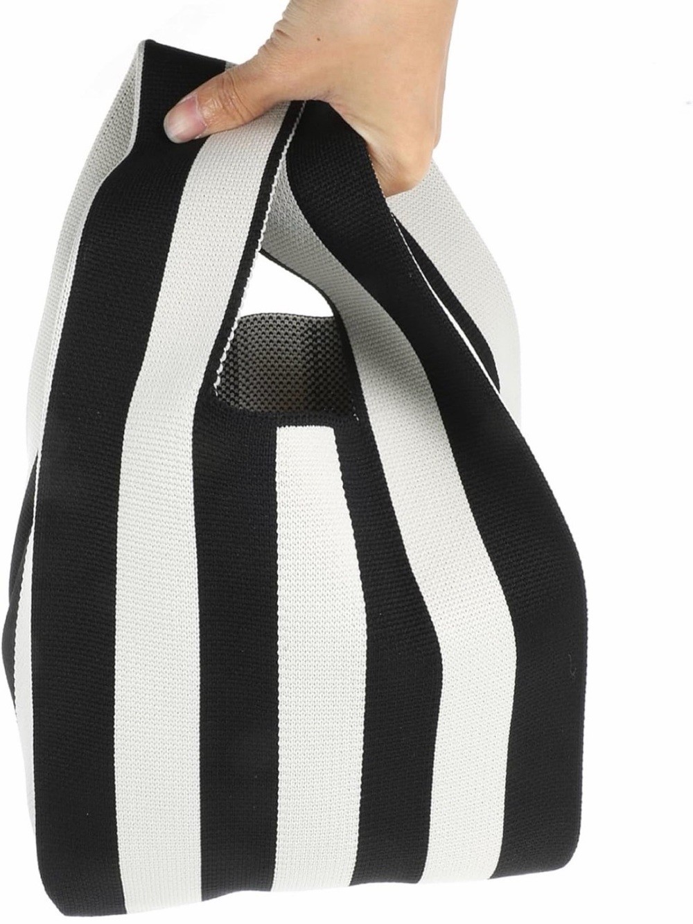 “Hund Red” Striped Black and White Knit Tote Bag with Built-In Handle