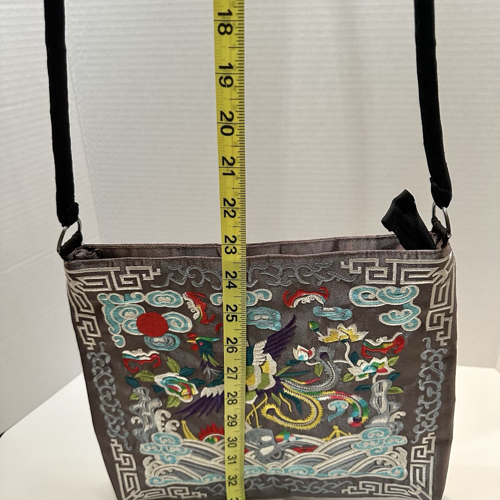 Stunning Grey Embroidered Crane & Wave Chinese Asian Art Handbag Boho Chic