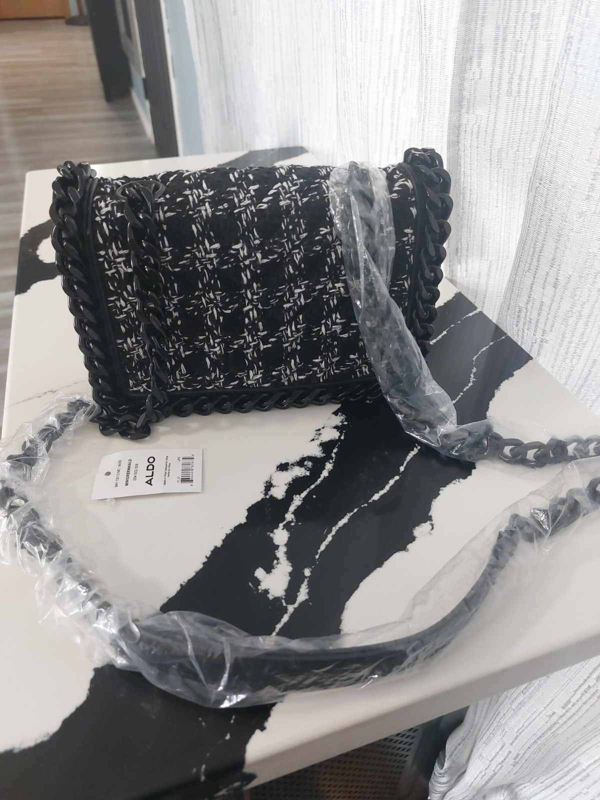 ALDO Black & White Tweed Flap Crossbody Chain Strap Magnetic Closure Small