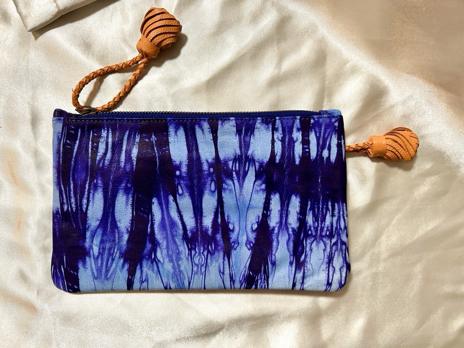 Anthropologie Jasper & Jeera Leather Shibori Clutch Indigo Tassel Pouch