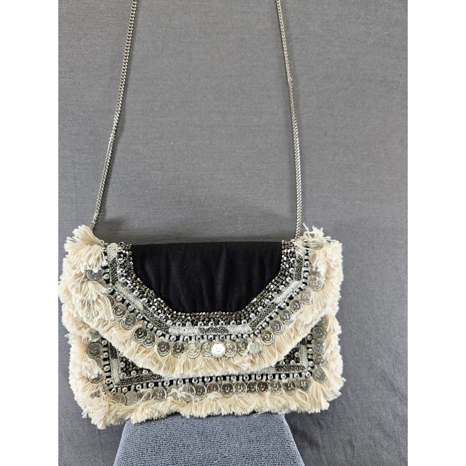 Lulus Black Boho Coin Fringe Beaded Crossbody Bag Silver Chain Strap (sku 138)