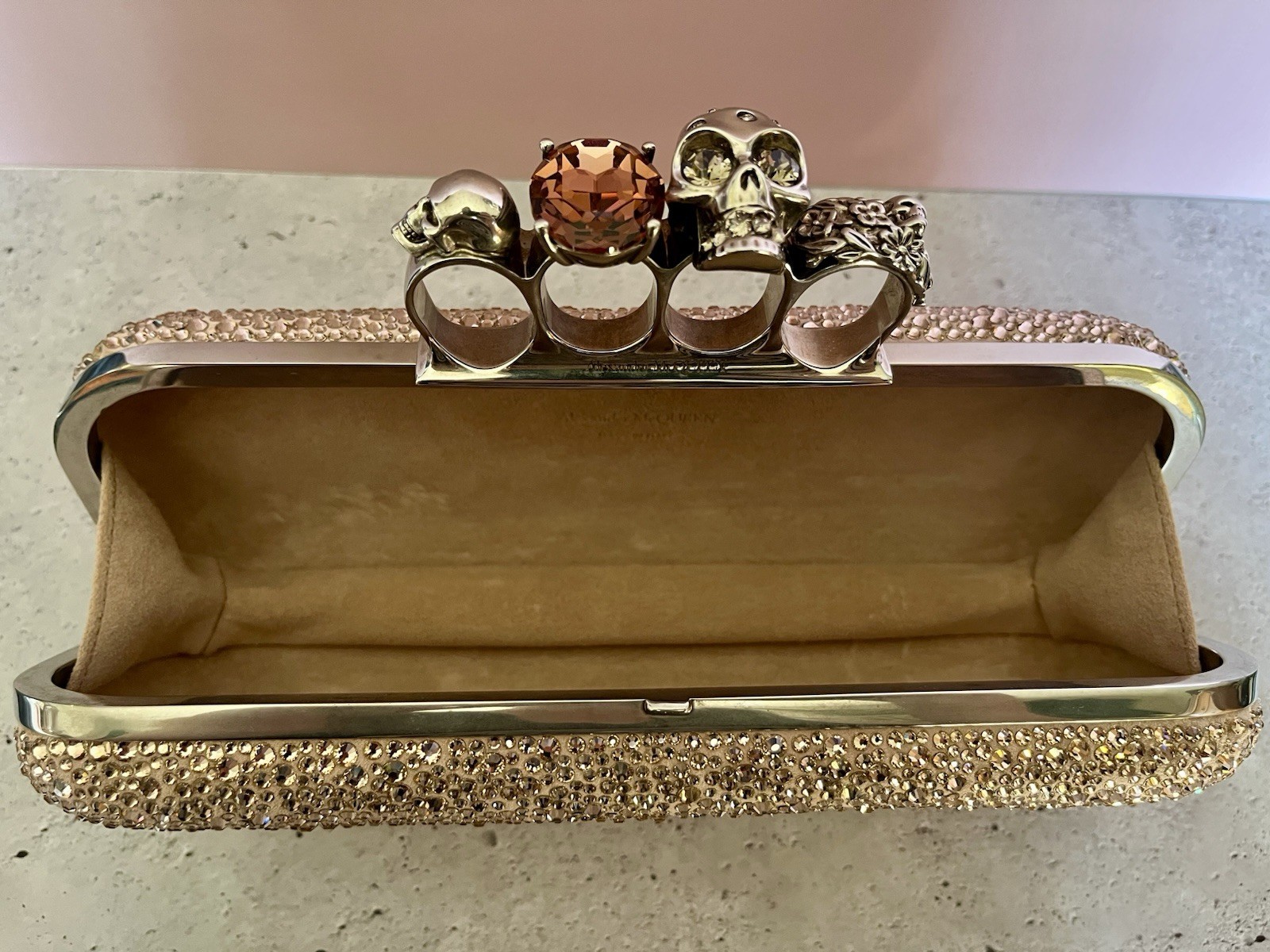 Alexander McQueen Gold Crystal Skull Knuckle Duster Clutch Party Formal