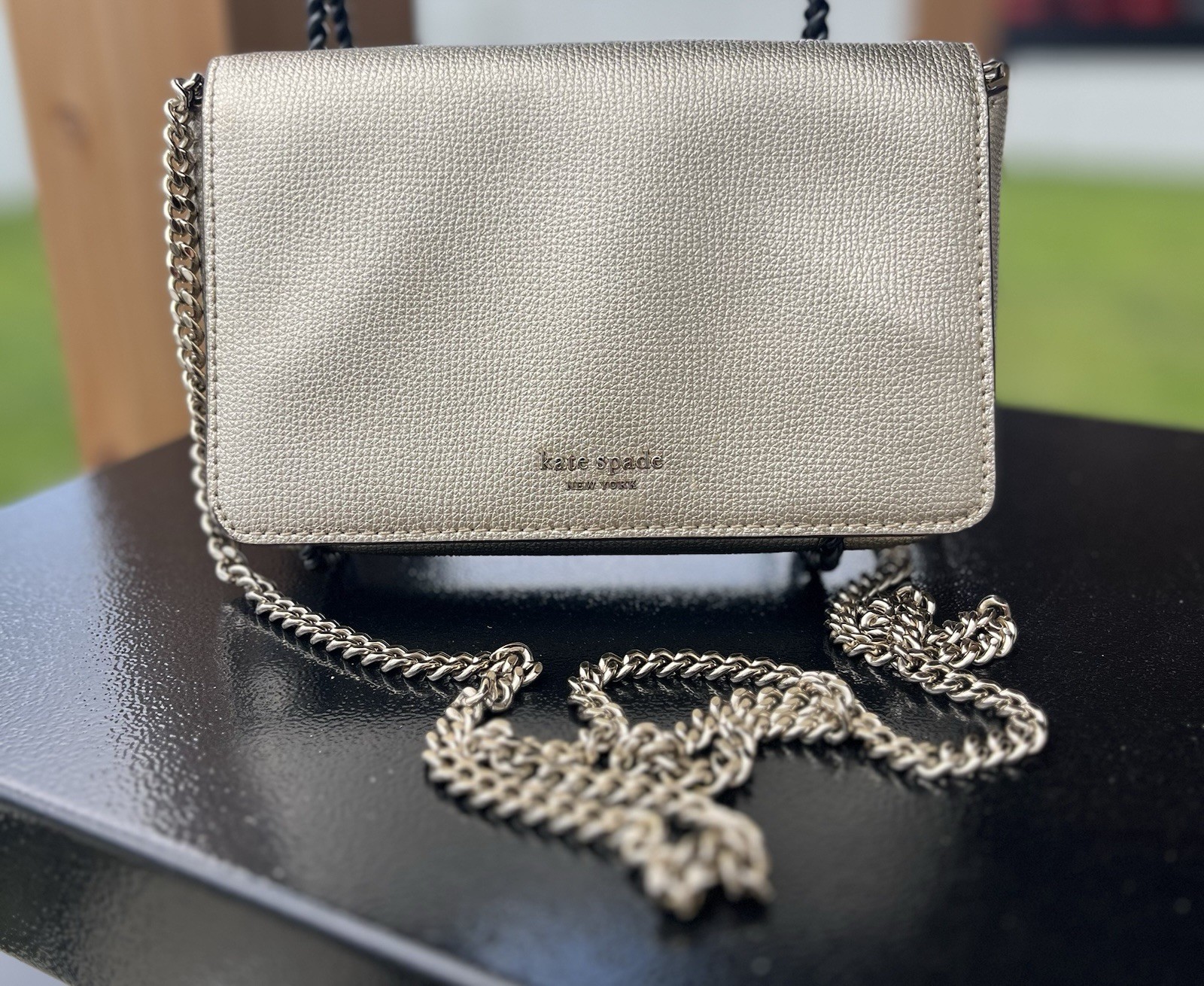 Kate Spade New York Metallic Gold Crossbody Wallet Purse Chain Strap Leather