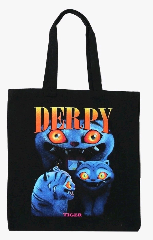 NEW KPop Demon Hunters Derpy Tiger Collage Canvas Black Tote Bag 14″x15″