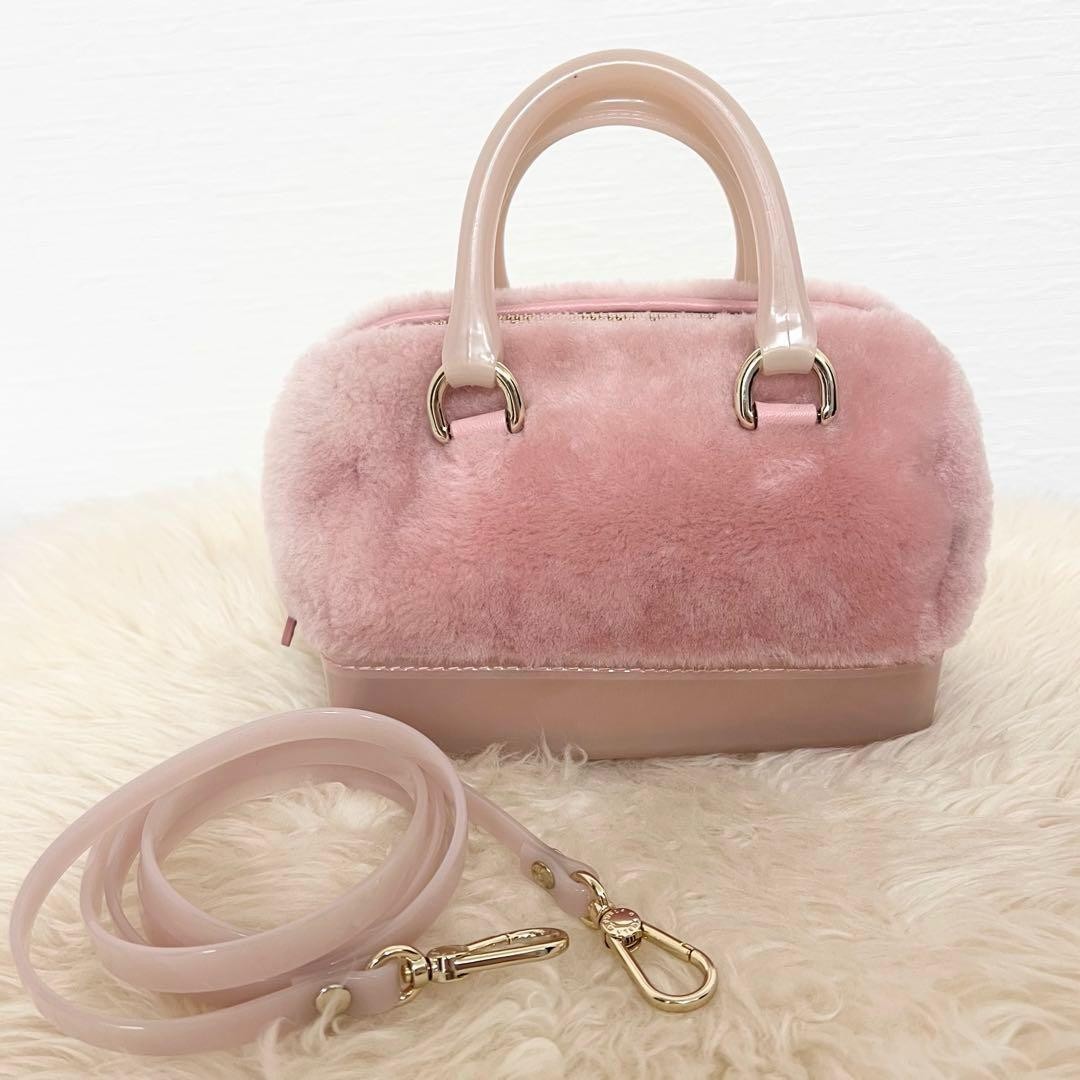 Authentic Rare FURLA Faux Fur Mini Boston Shoulder Handbag Pink