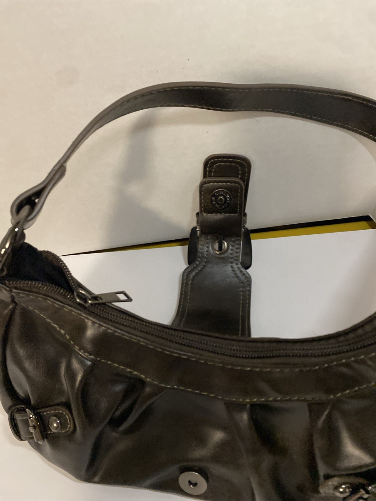 Faux Leather Buckle Front Coffee Brown Shoulder Bag / Purse Snap & Zippered.