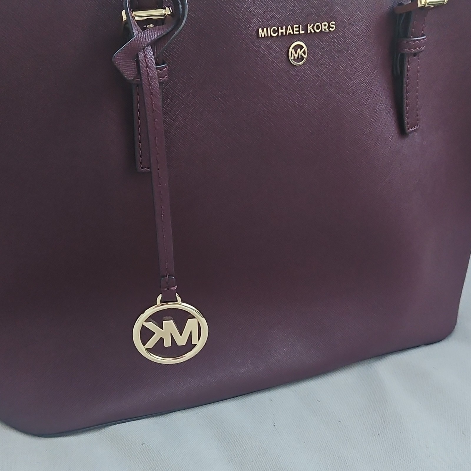 Michael Kors Burgundy Large Tote Bag Gold Hardware MK Charm Inner Pockets