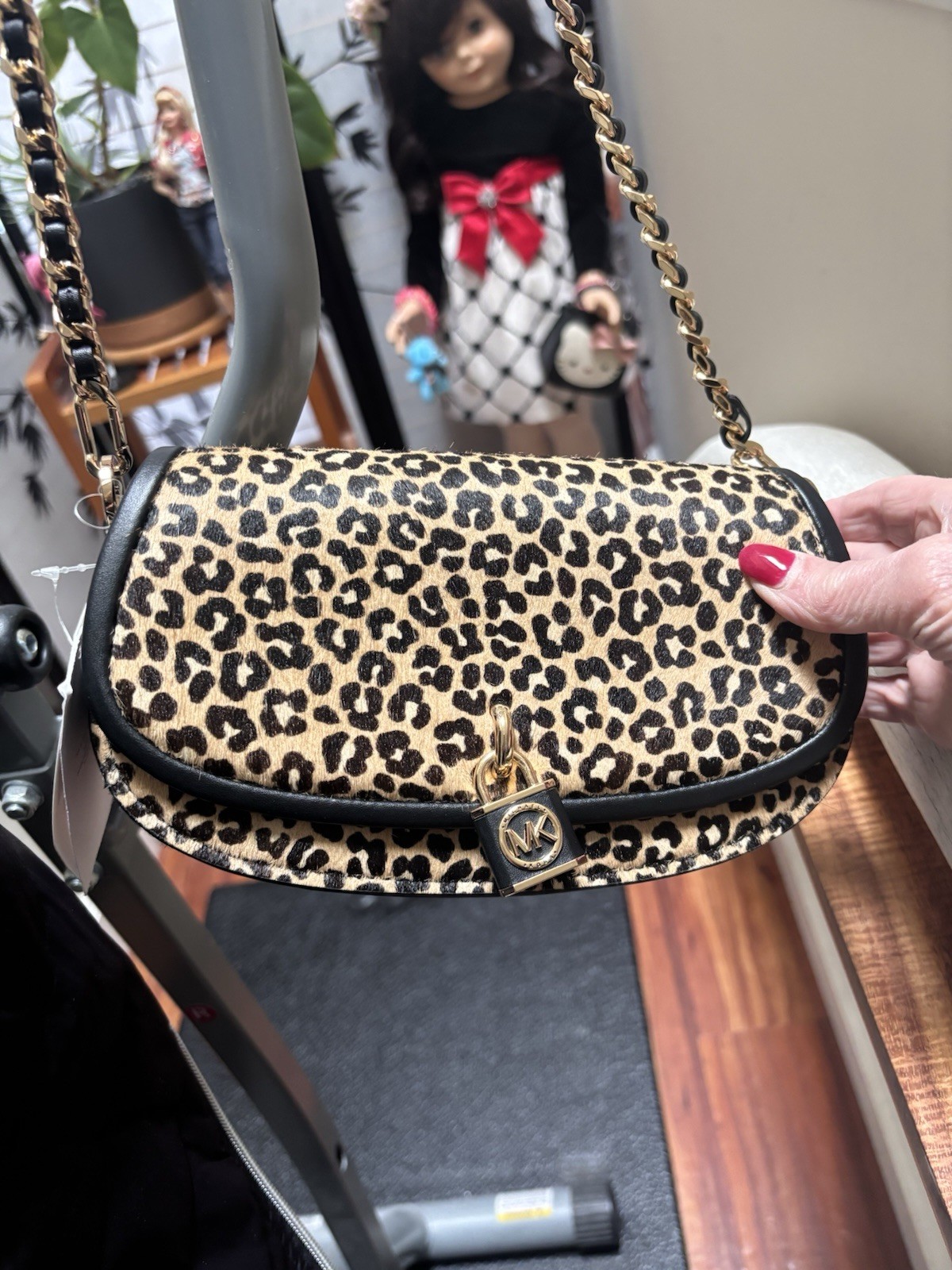 Michael Kors Mila Small Leopard Print Chain Strap Shoulder Bag Black Multi