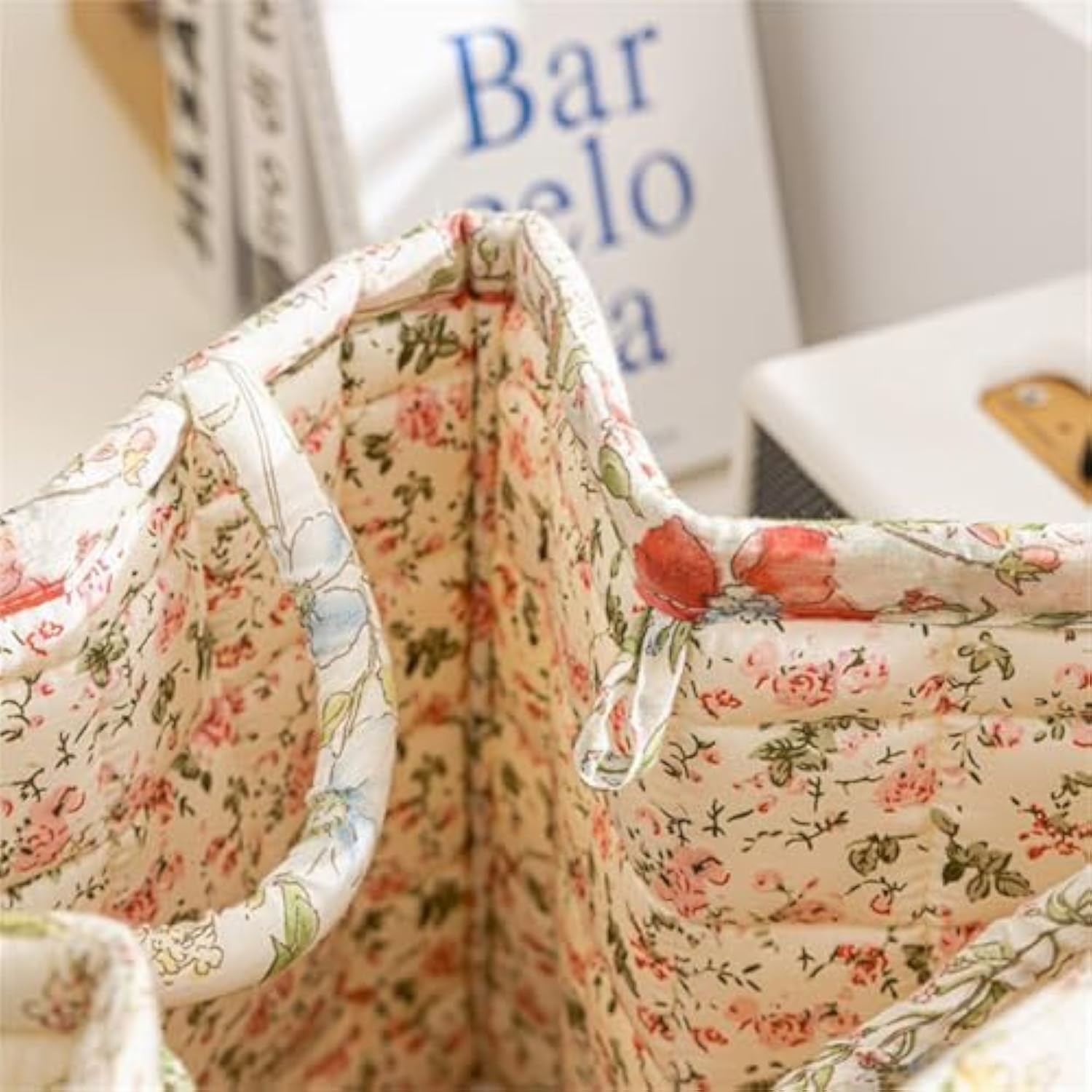 Boho Fabric Storage Basket, Square-Shaped Tote Bag with Compartments
