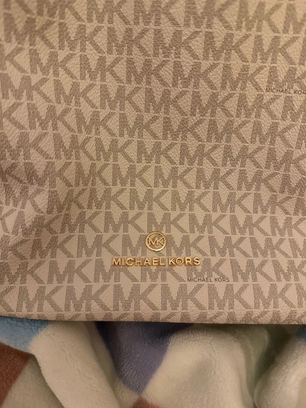 Michael Kors Signature Monogram Large Zip Tote Beige Brown Shoulder Strap Gold