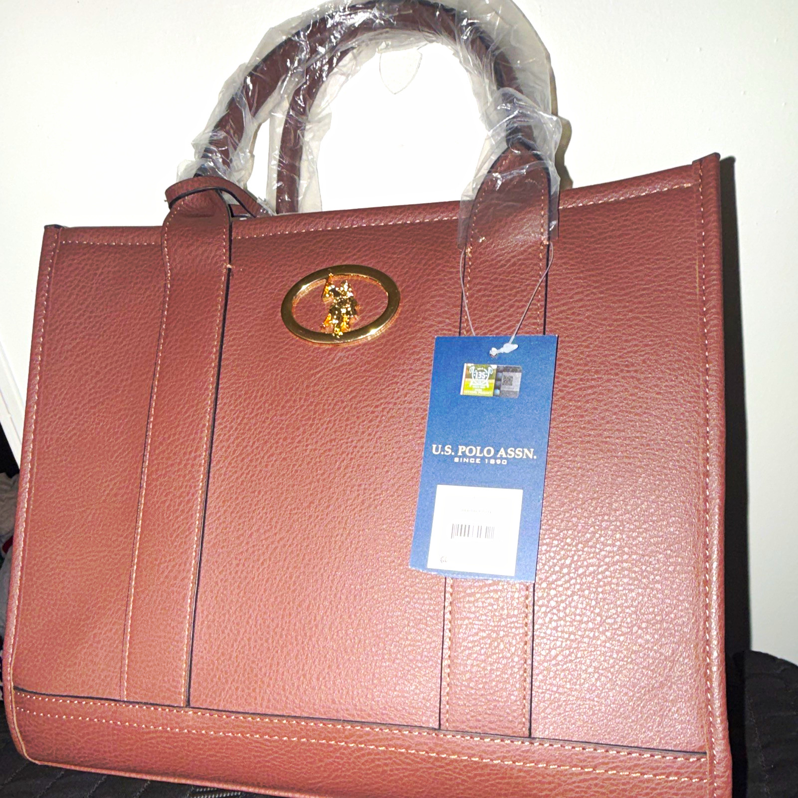 U.S. Polo Assn. Large Brown Pebbled Zip Tote w/ Detachable Strap, Pockets