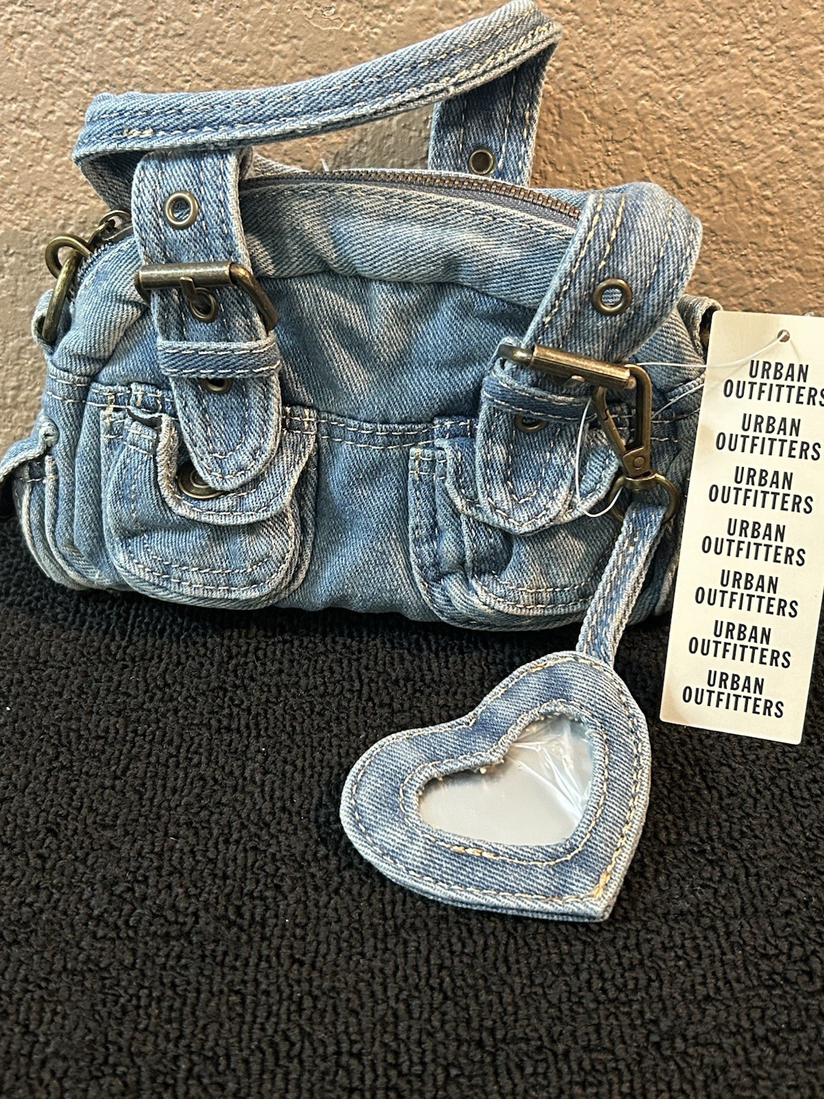 NWT Urban Outfitters BDG Rubi Denim Mini Crossbody Duffle Bag Y2K Heart Mirror