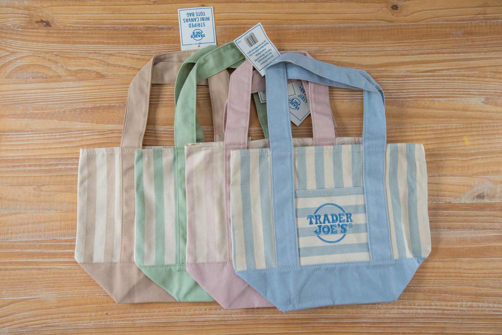 NWT Trader Joes Pastel Stripe Mini Canvas Tote Bag – Limited Edition, 4 Colors