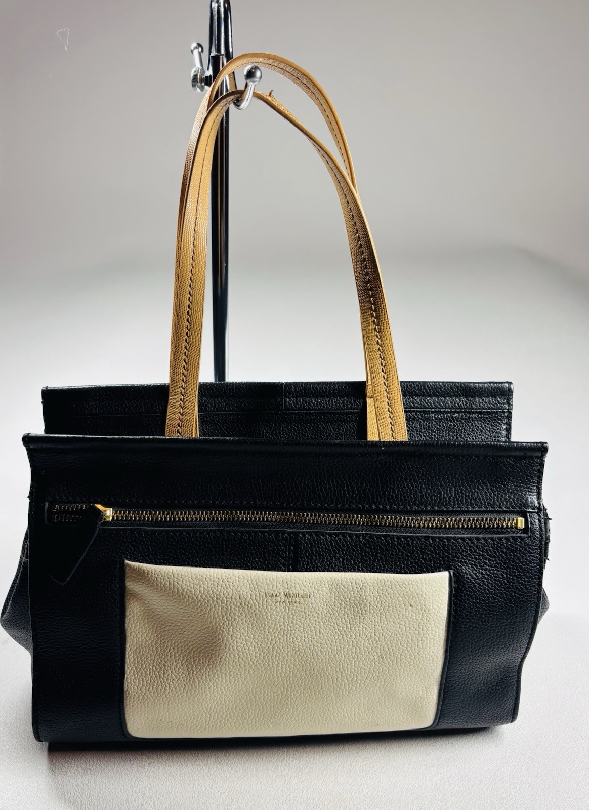 Isaac Mizrahi Live Pebbled Leather Bag In Black And Cream Gold Tote Purse