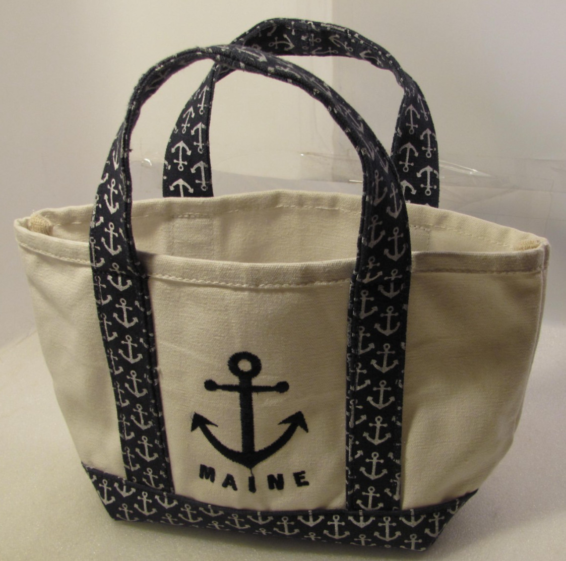 Maine Tote Bag Off White Small 12 x 8 Blue Stiff Handles Anchor Logo Book Beach