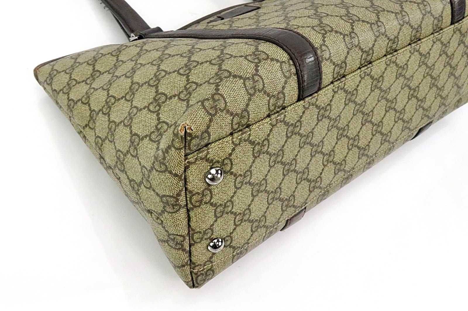 Authentic GUCCI Brown GG PVC Canvas Supreme and Leather Tote Bag Purse #63476
