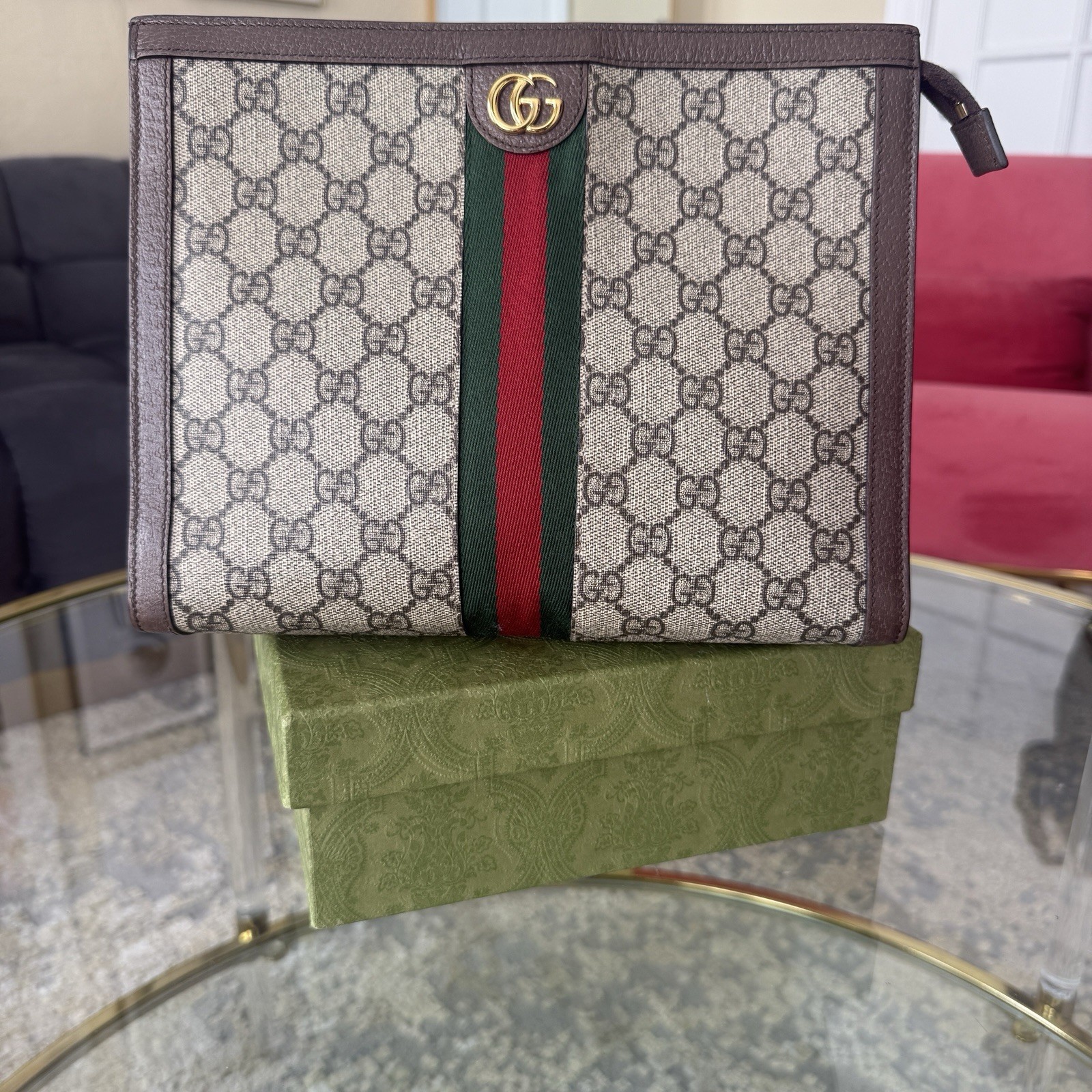 Authentic Gucci Ophidia Pouch GG Supreme Canvas Brown Leather Web Stripe Clutch