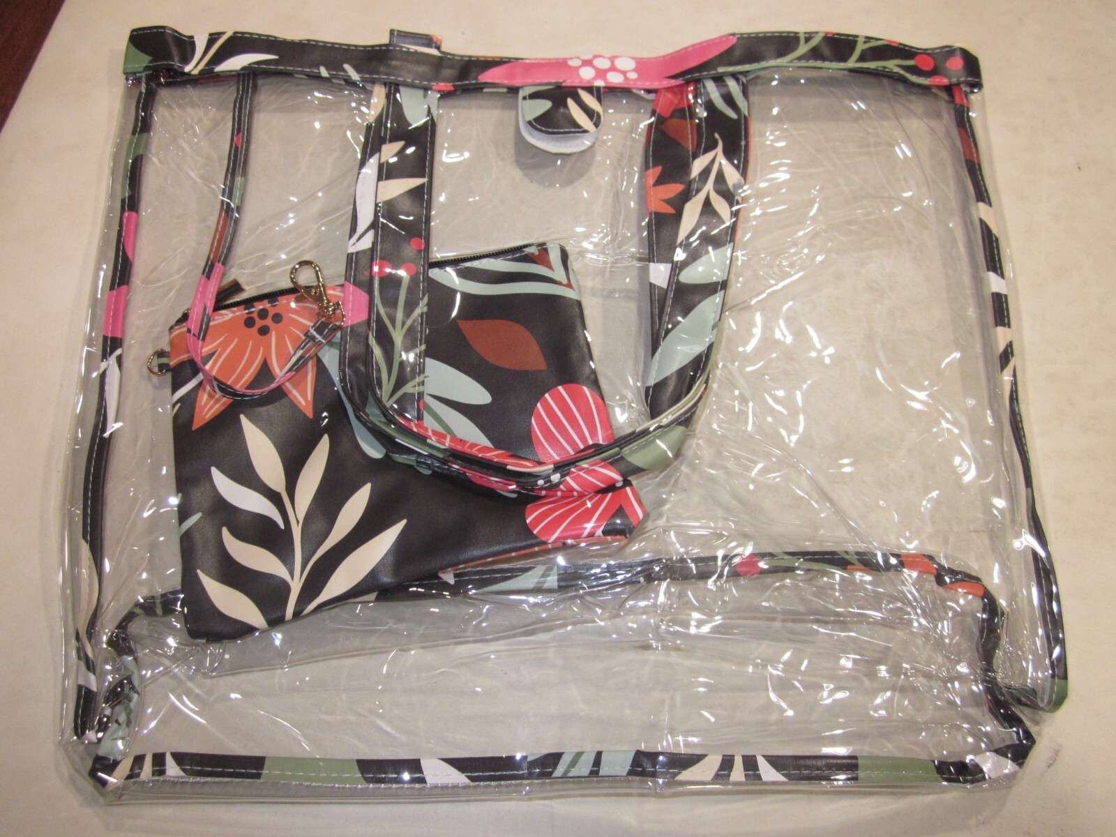 CLEAR PLASTIC TOTE WITH FLORAL ACCENTS, BONUS MINI BAG, NEW, ITEM #127N