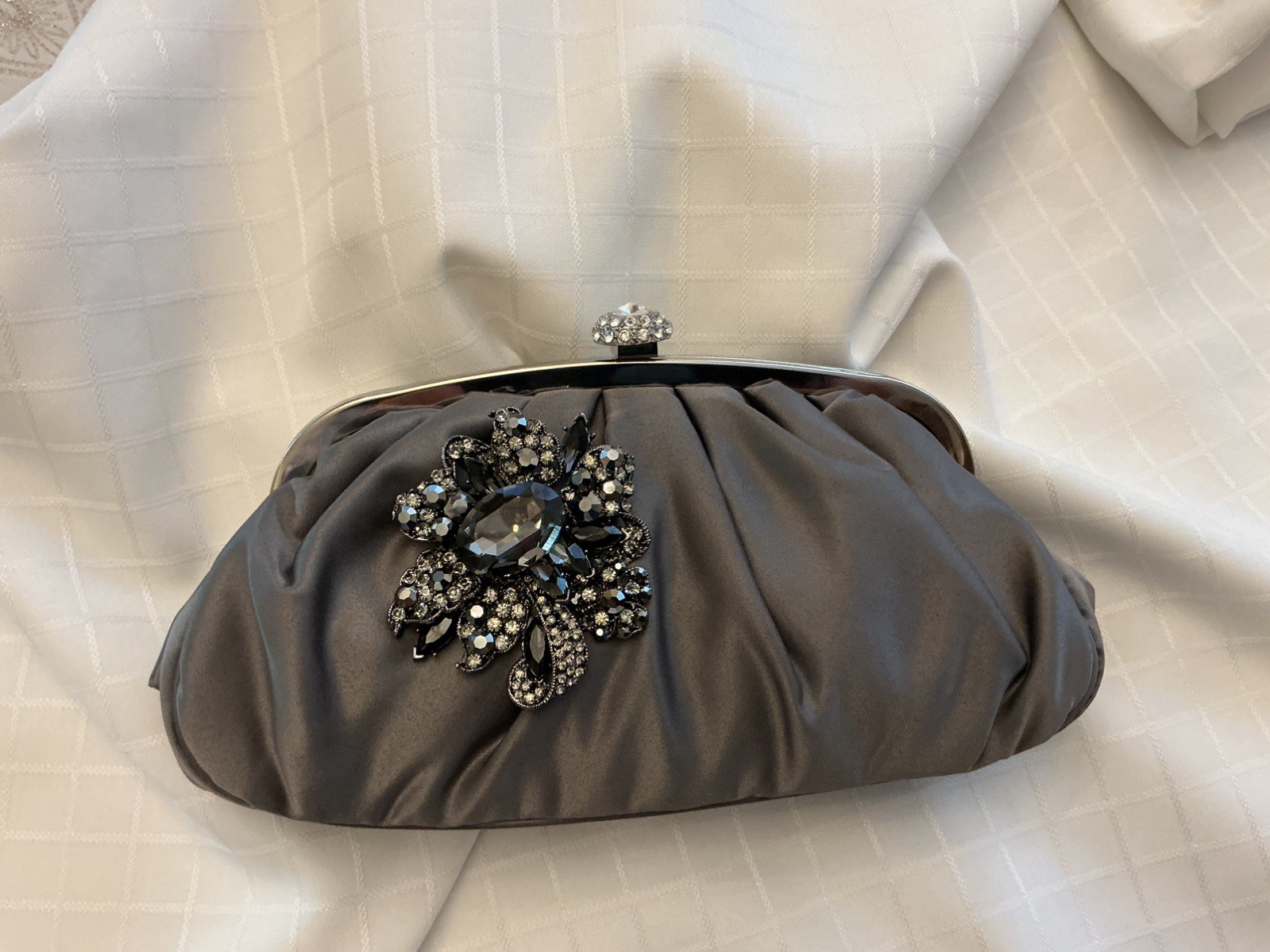 New Lulu Townsend Evening Bag gray Satin Brooch Clutch Purse + 2 shoulder straps
