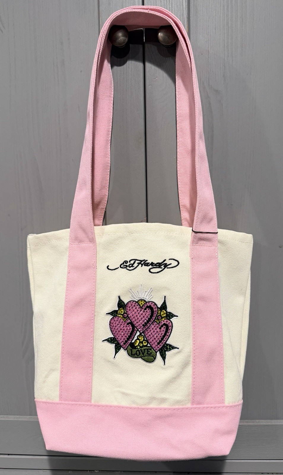 Ed Hardy Small Tote Bag Beige/Pink Embroidered Heart Love, Open, Lightweight