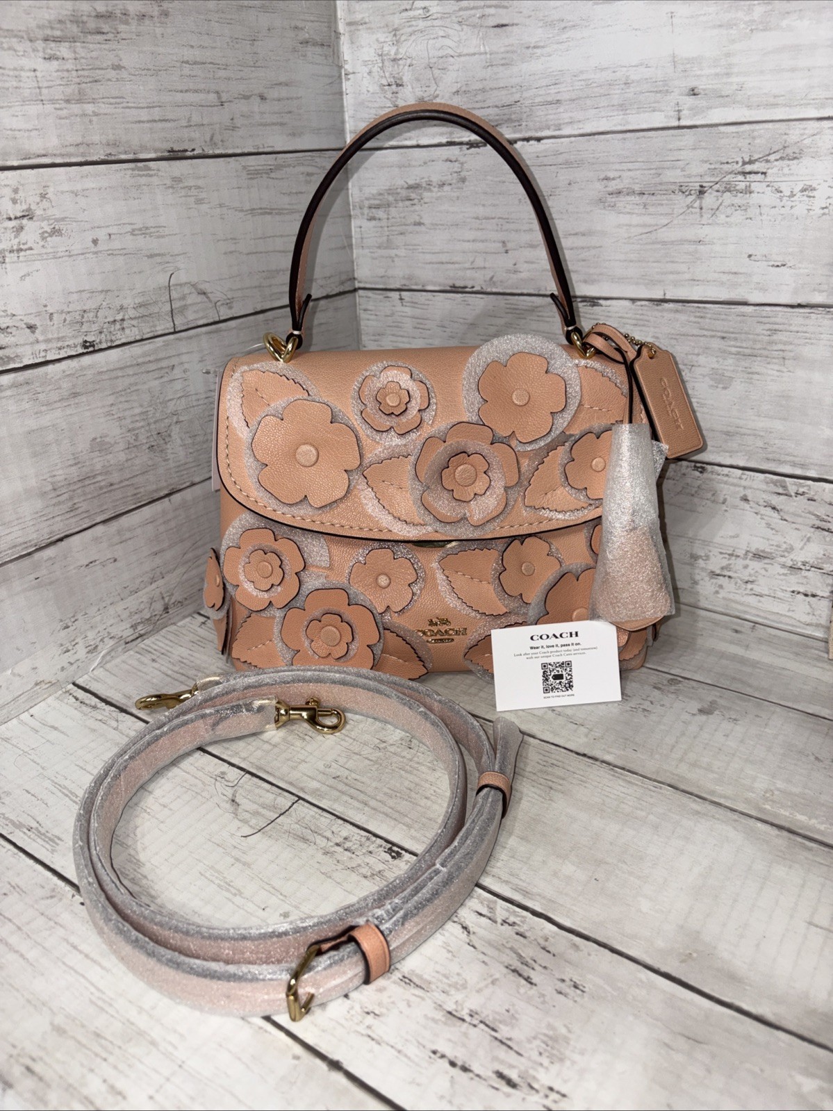 COACH CDY44 Emory 3Way Convertible Top Handle Bag Floral Appliqué Light Pink NWT