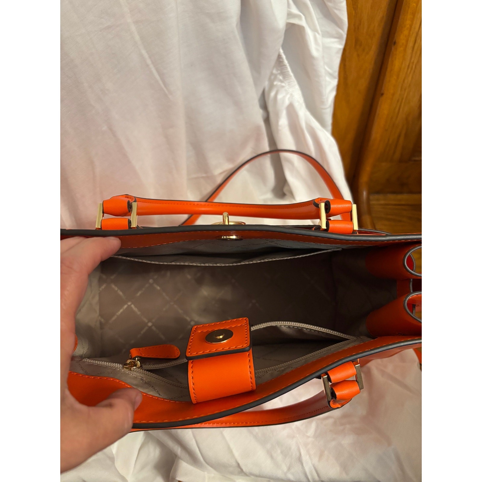 Michael Kors Saffiano Leather Medium Hamilton Woven Satchel in Poppy Orange