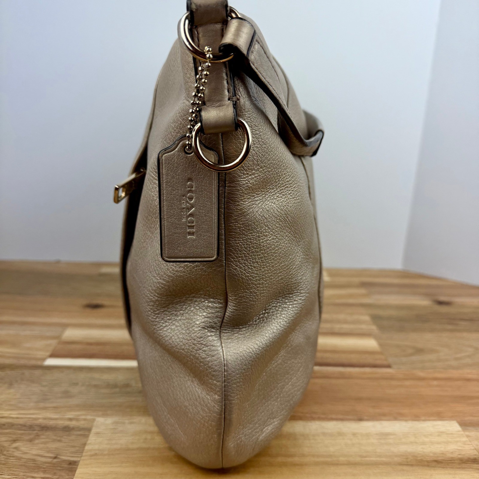 Coach Metallic Champagne Gold Pebbled Leather Shoulder Bag Purse