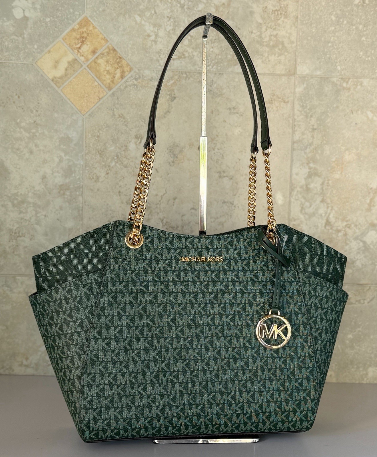 Michael Kors Jet Set Travel Large Shoulder Chain Tote Bag MK Moss Green Multi