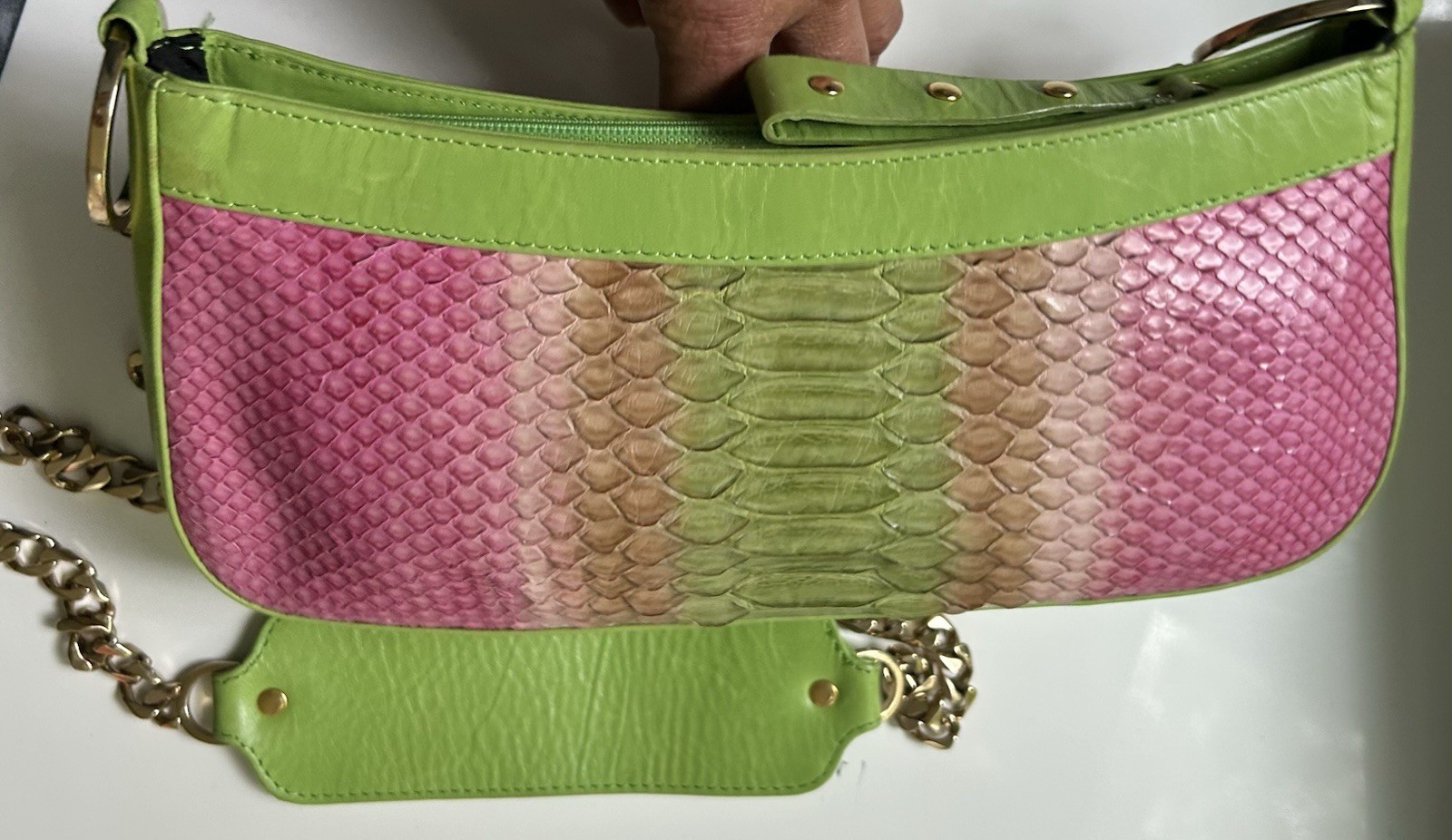 CLAUDIA CIUTI Made in Italy Snake skin Pnk & Green Leather bag with gold chain