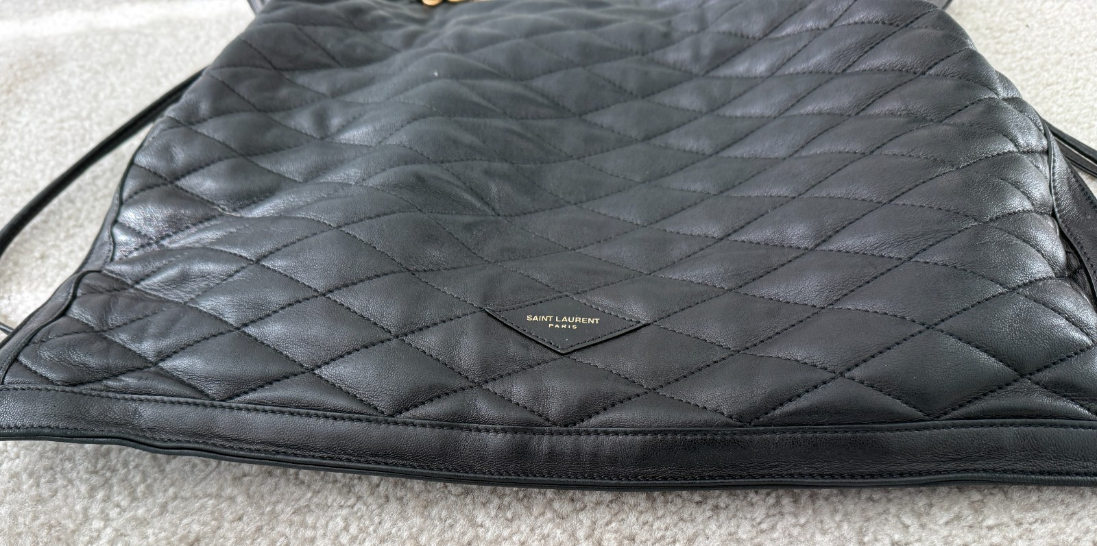 Saint Laurent Black Leather Quilted Pochon Drawstring Tote Shoulder Bag