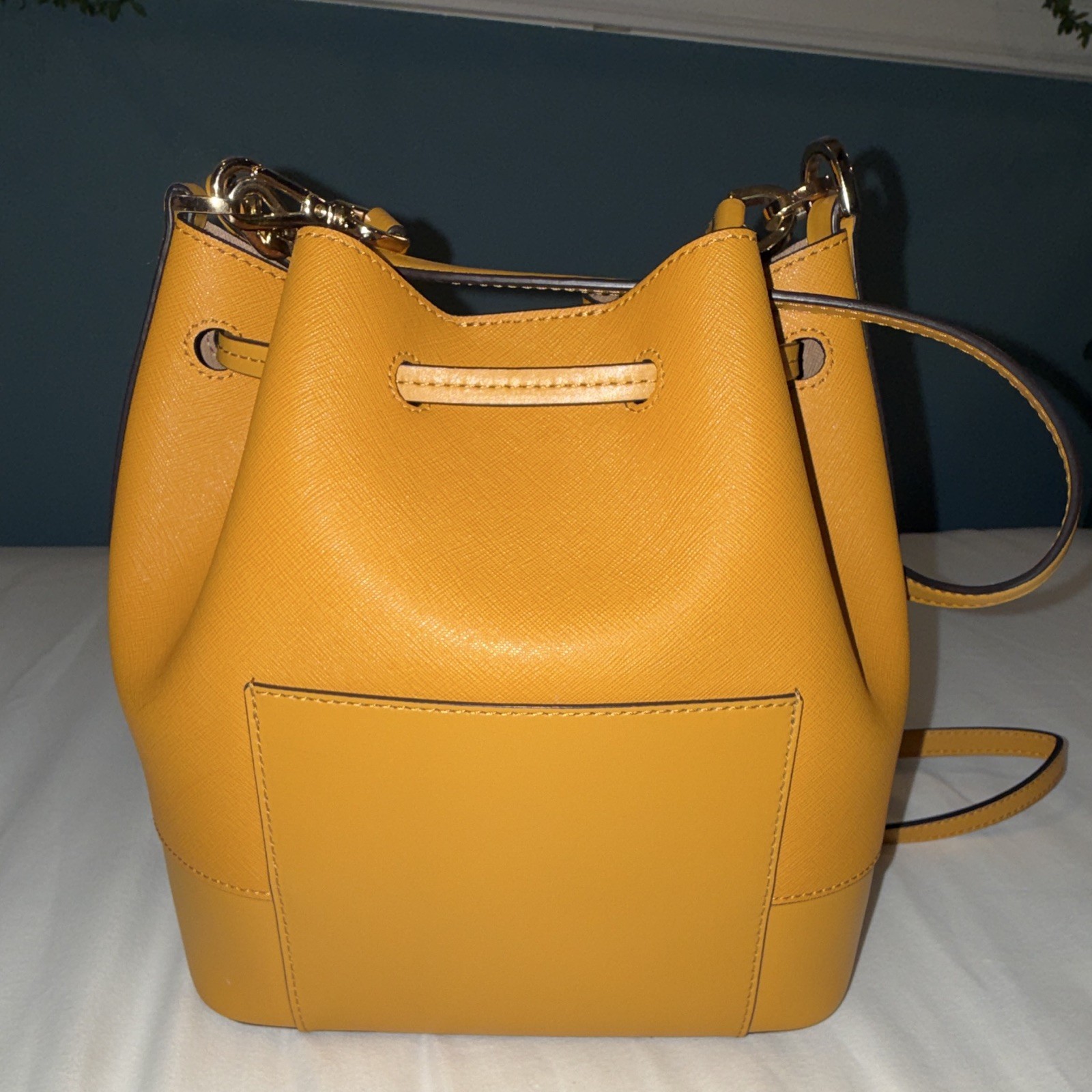 Michael Kors Yellow Medium Drawstring Bucket Bag Detachable Strap Charm Gold