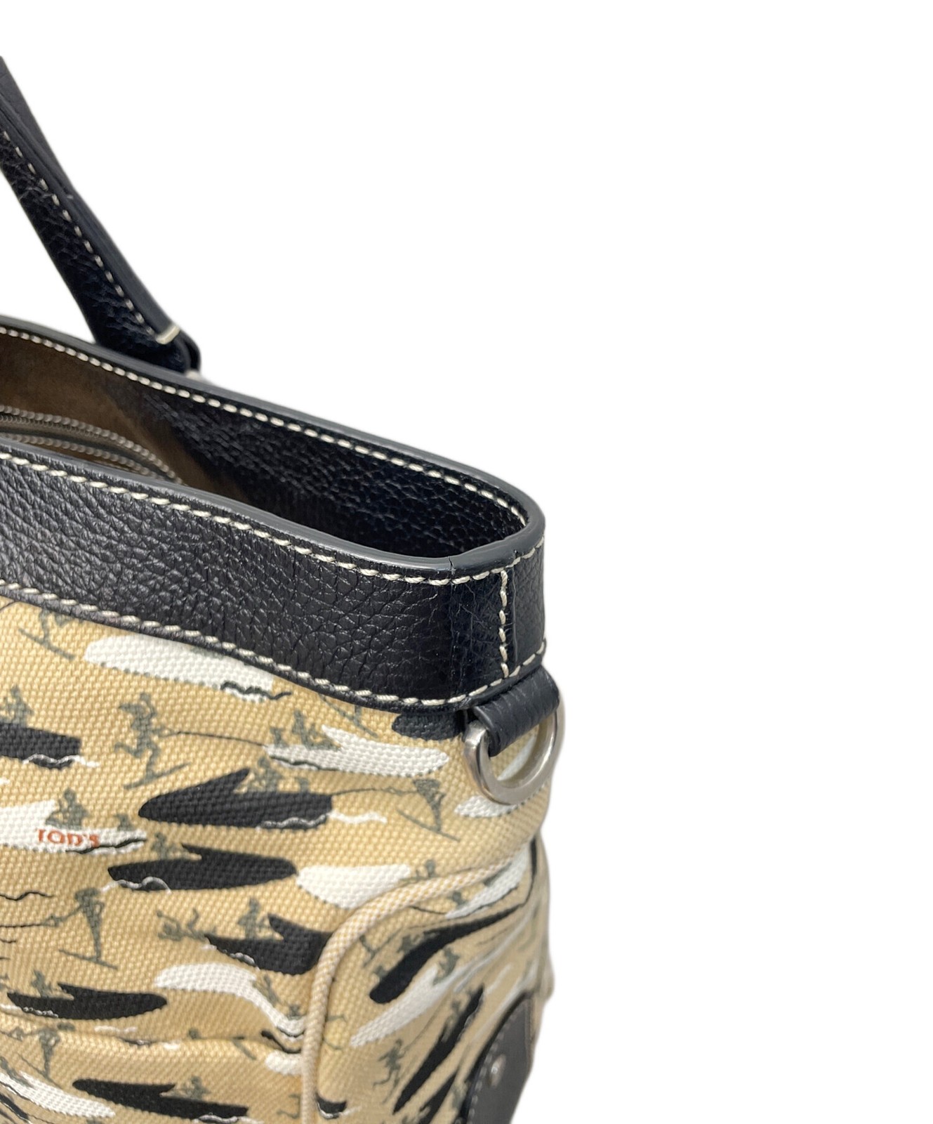 Tods Beige Canvas Leather Tote Boat Waterski Print Outer Pockets Sport Bag