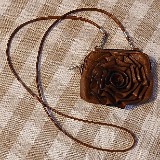 Brown Small Crossbody Bag Zip Closure Rose Flower Applique, Detachable Strap