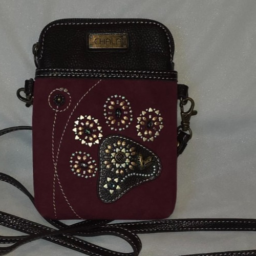 Chala Handbags Dog Paw Print Crossbody Dazelled Paw Pouch Flower Bone Beaded
