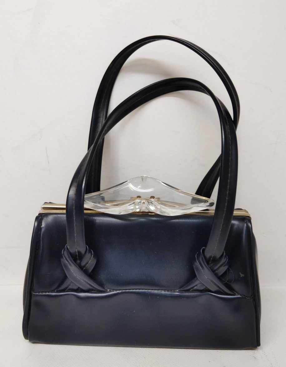 LUCITE LIPS Clasp Navy Vinyl Purse Unusual Rare Vintage