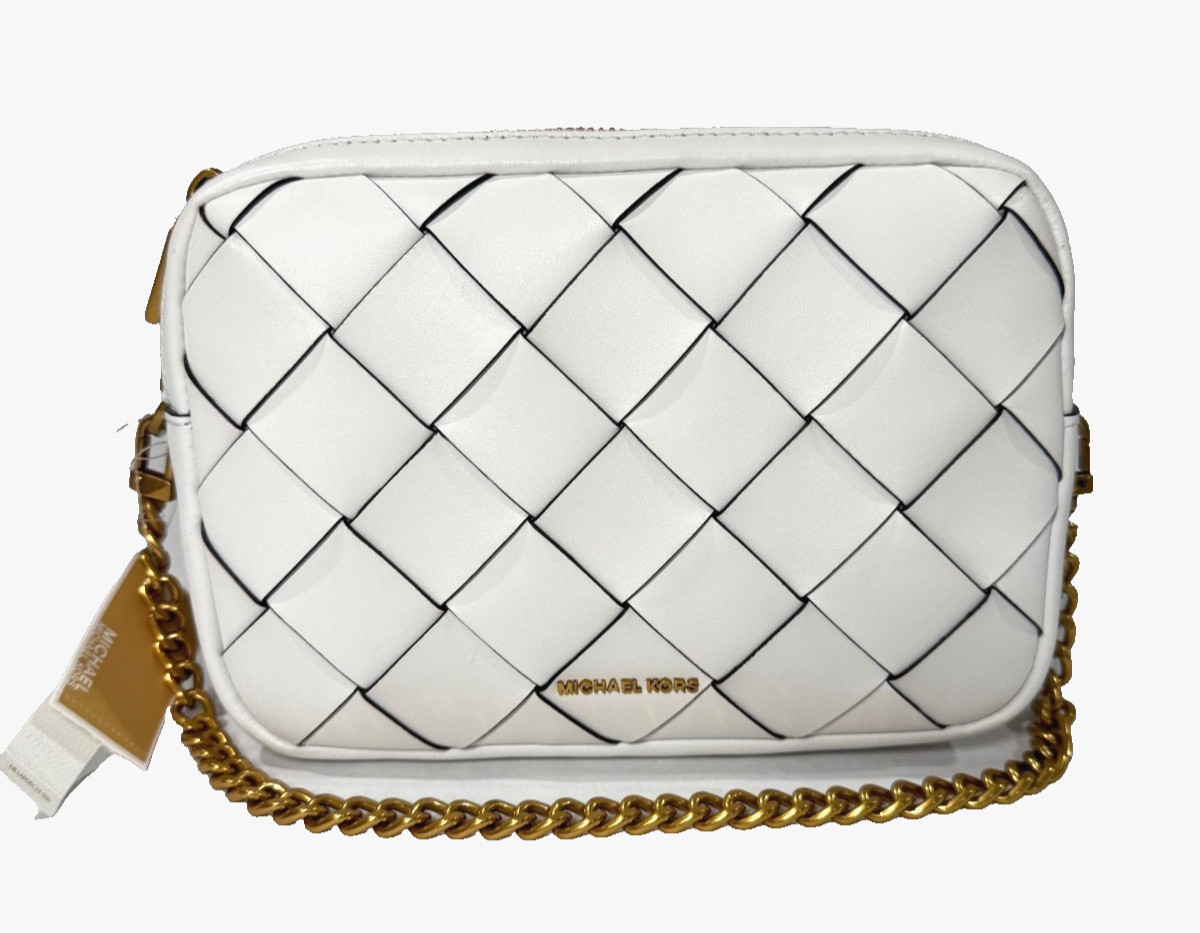 New Michael Kors Bryant Medium Double Zip Chain Camera Crossbody Bag Optic White